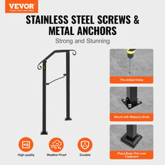 Black wrought iron handrail with arch design and adjustable posts for 1-2 outdoor steps.