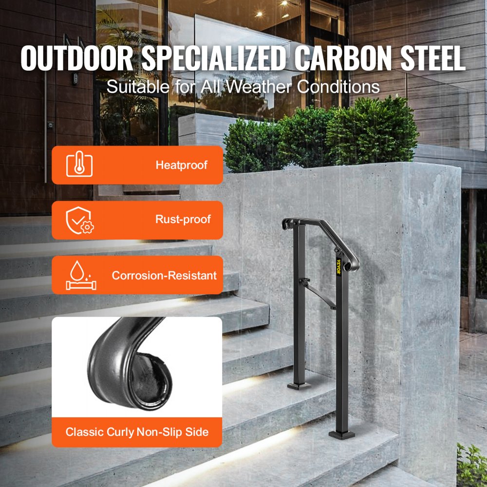 Black wrought iron handrail with arch design for 1-2 outdoor steps.