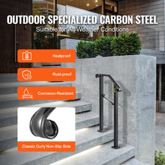 Black wrought iron handrail with arch design for 1-2 outdoor steps.