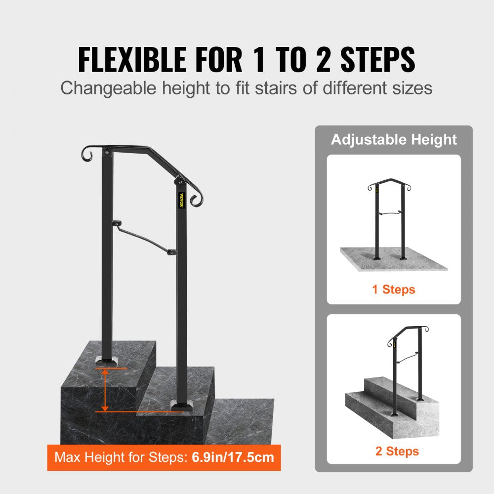 Black wrought iron handrail with adjustable height for 1-2 outdoor steps, shown in arch design.