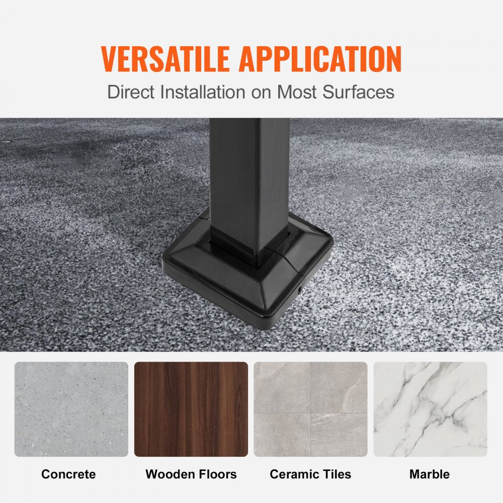 Black wrought iron handrail installed on concrete with icons of wood, ceramic, and marble surfaces.