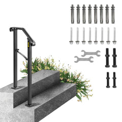Black wrought iron handrail with mounting hardware for 1-2 outdoor steps up to 6.8 inches high.