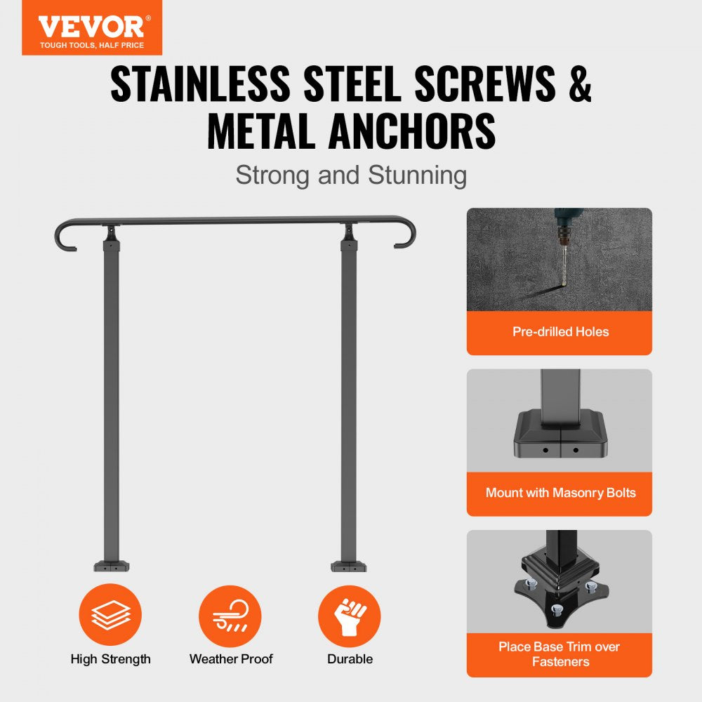 Black adjustable wrought iron handrail for 1-3 outdoor steps with curly design and sturdy bases.