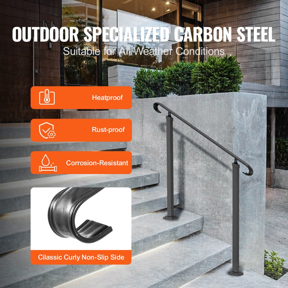 Black wrought iron handrail with adjustable height for 1-3 outdoor steps.