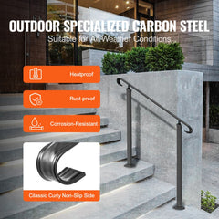 Black wrought iron handrail with adjustable height for 1-3 outdoor steps.