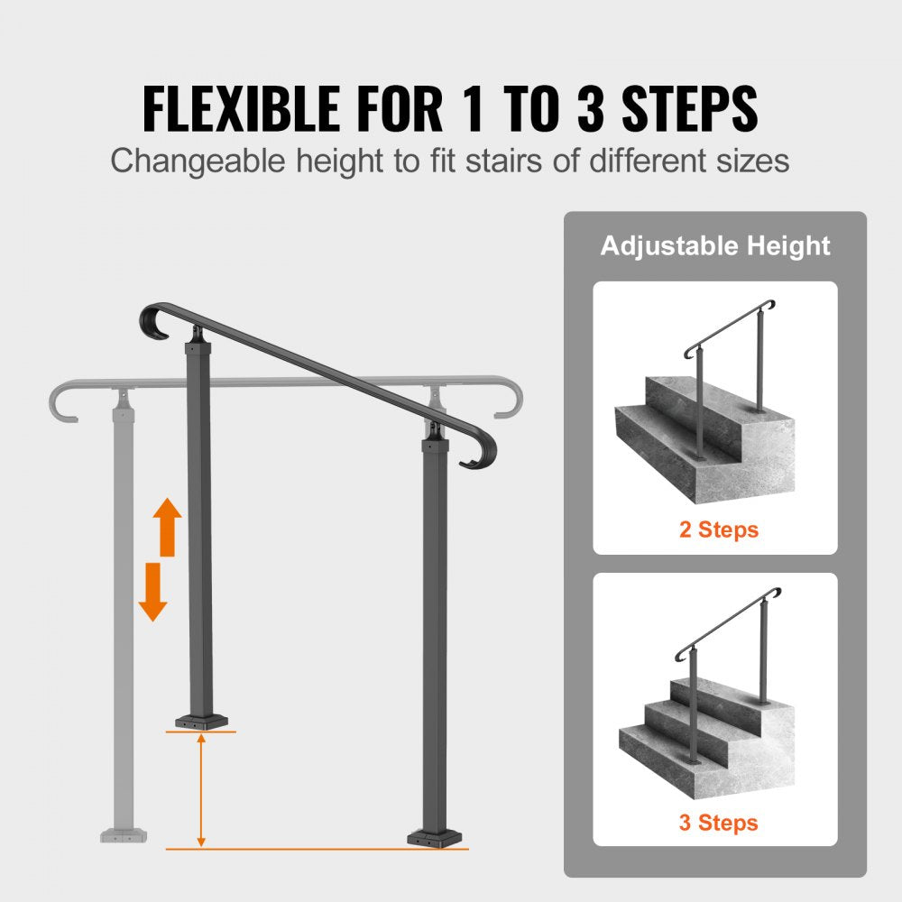 Black wrought iron handrail with adjustable height for 1-3 outdoor steps and curly design.