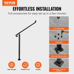 Wrought iron handrail for 2-3 outdoor steps with wall and floor mounting options.