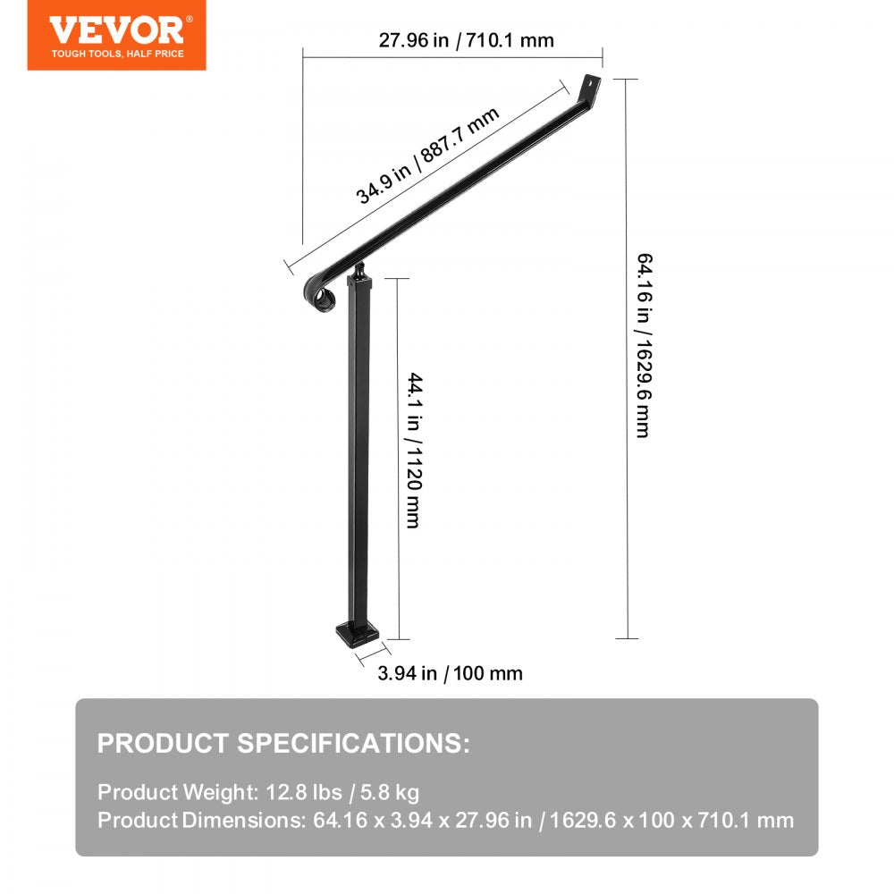 Wrought iron handrail with a powder-coated finish, designed for 2-3 outdoor steps.