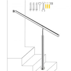Silver 304 stainless steel adjustable handrail for 3-4 steps, with mounting hardware.