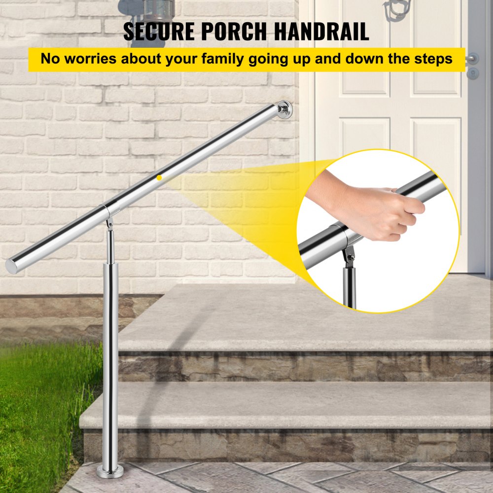 Silver adjustable stainless steel handrail mounted on porch steps for 3-4 risers.