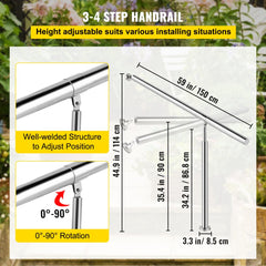 Silver 304 stainless steel adjustable handrail for 3-4 steps, height 34-45 inches, with 0-90 degree rotation.