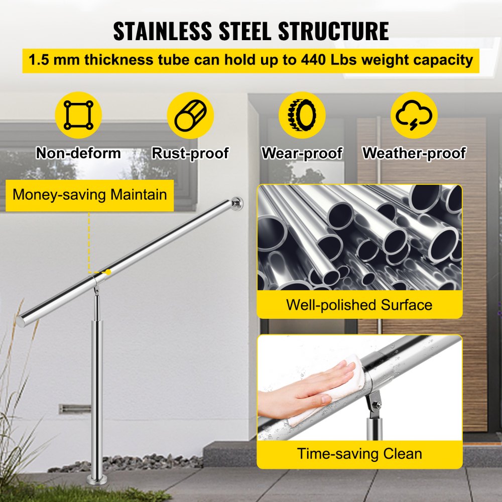 Silver 304 stainless steel adjustable handrail for 3-4 steps, with sturdy tube structure and polished surface.