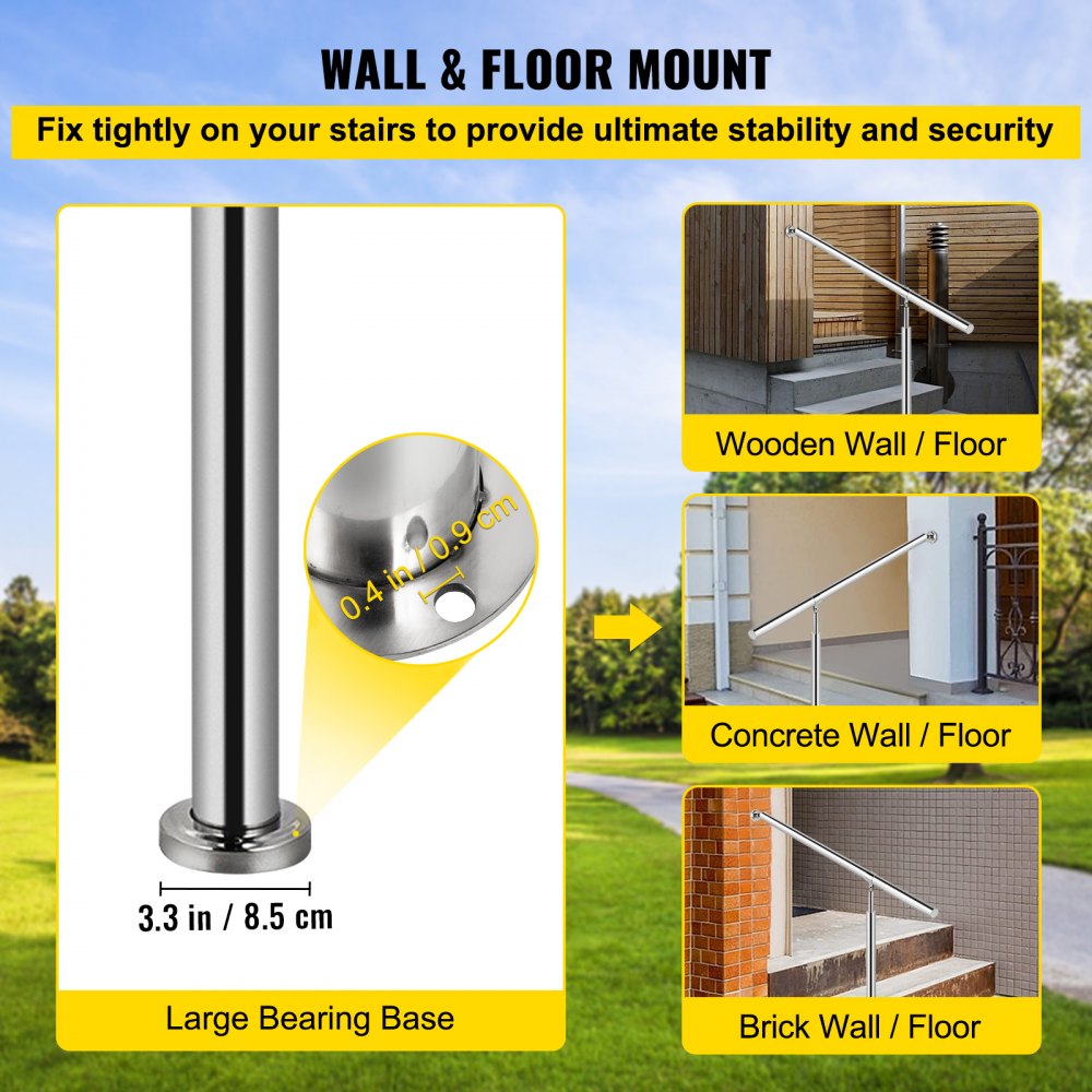 Silver adjustable stainless steel handrail with wall and floor mounts for 3-4 steps, showing installation on various surfaces.