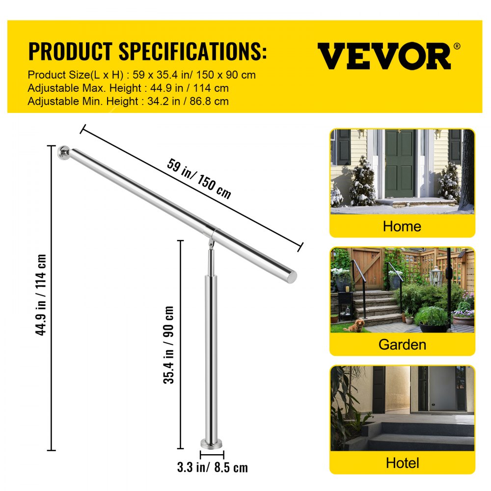 Silver 304 stainless steel adjustable step handrail for 3-4 steps, height 34.2-44.9 inches.