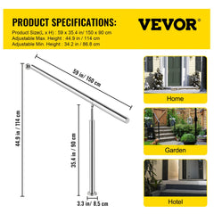Silver 304 stainless steel adjustable step handrail for 3-4 steps, height 34.2-44.9 inches.