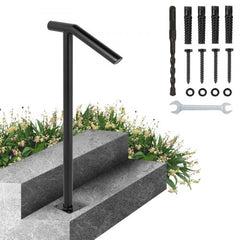 Black iron single post handrail installed on concrete steps with included hardware.
