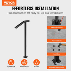 Black iron single post handrail for 1-2 steps with 441lbs capacity, showing effortless installation steps.