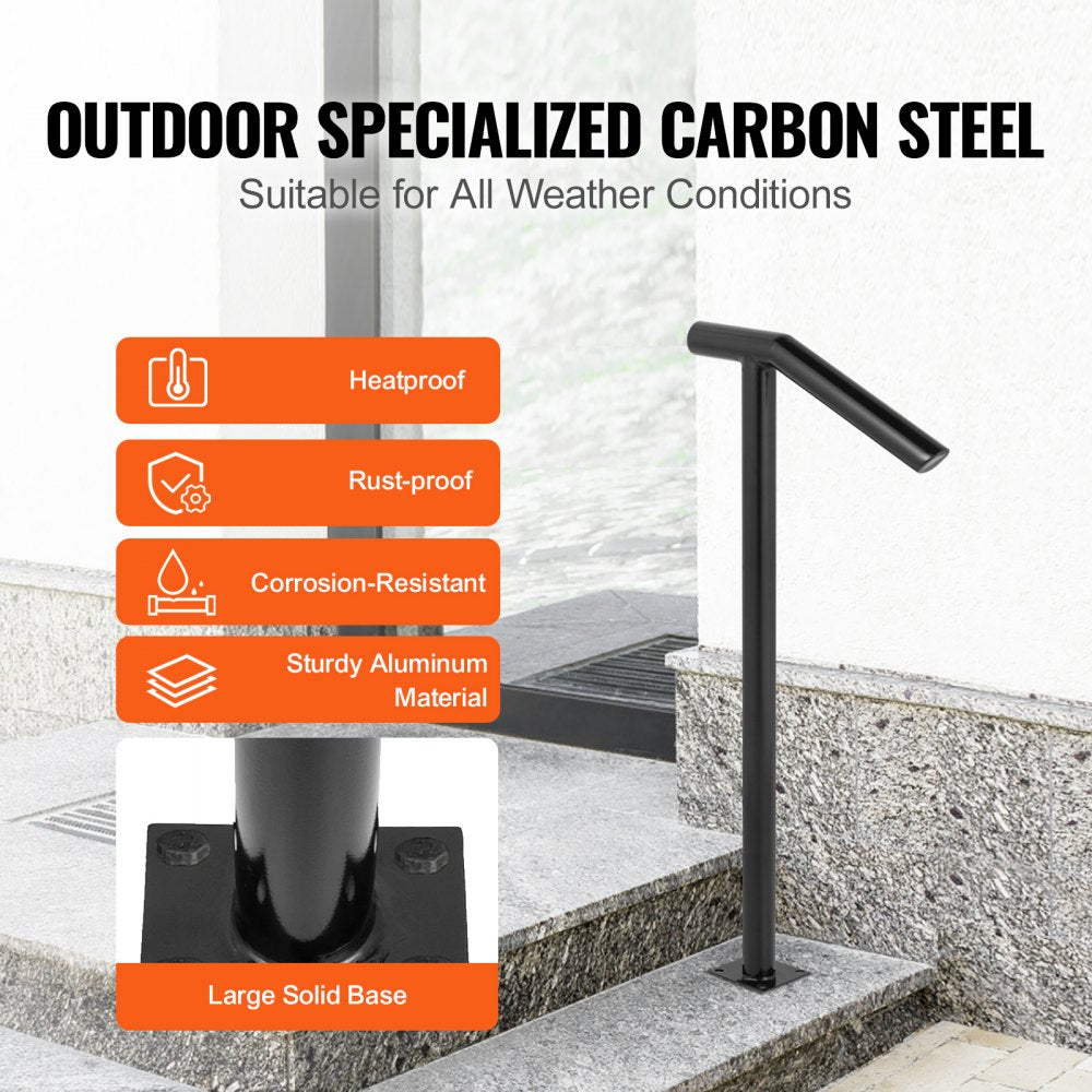 Black iron single post handrail with solid base for 1-2 steps, 441lbs capacity.