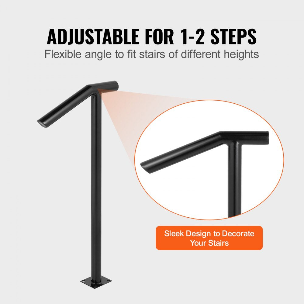 Black iron single post handrail adjustable for 1-2 steps with sleek design.