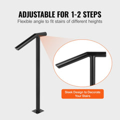 Black iron single post handrail adjustable for 1-2 steps with sleek design.