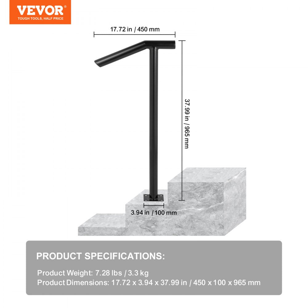 Black iron single post handrail for 1-2 steps with 441lbs capacity and dimensions shown.