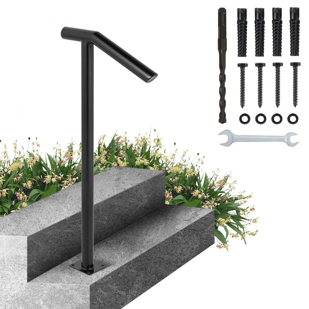 Black iron single post handrail installed on concrete steps with greenery, including mounting hardware.