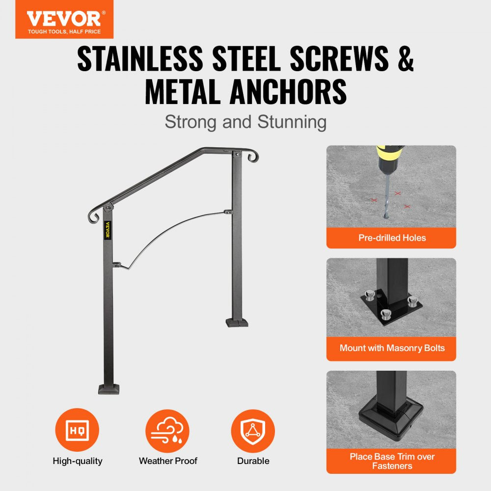 Black wrought iron handrail with an elegant arch design for 2-3 outdoor steps.