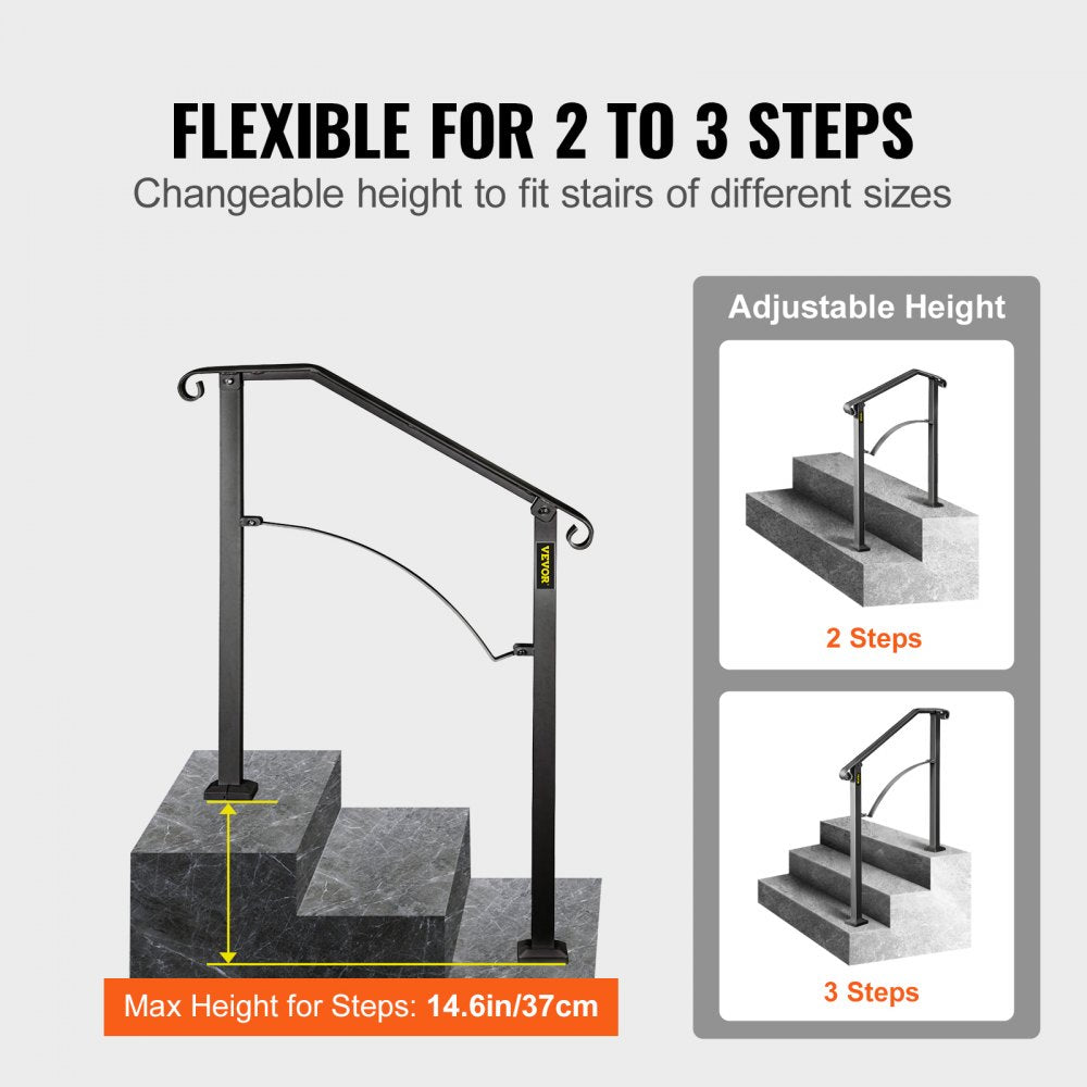 Black wrought iron handrail with an arch design for 2-3 outdoor steps.