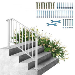 White wrought iron handrail installed on 3-4 outdoor concrete steps with green plants, plus hardware kit.