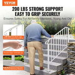 A white wrought iron handrail is installed on outdoor steps, with an elderly man using it.