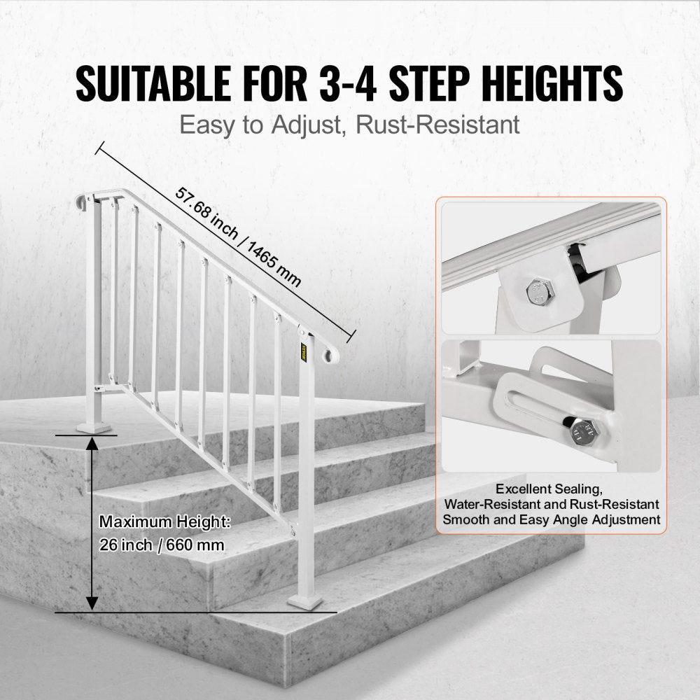 White wrought iron handrail for 3-4 outdoor steps, adjustable up to 26 inches high.