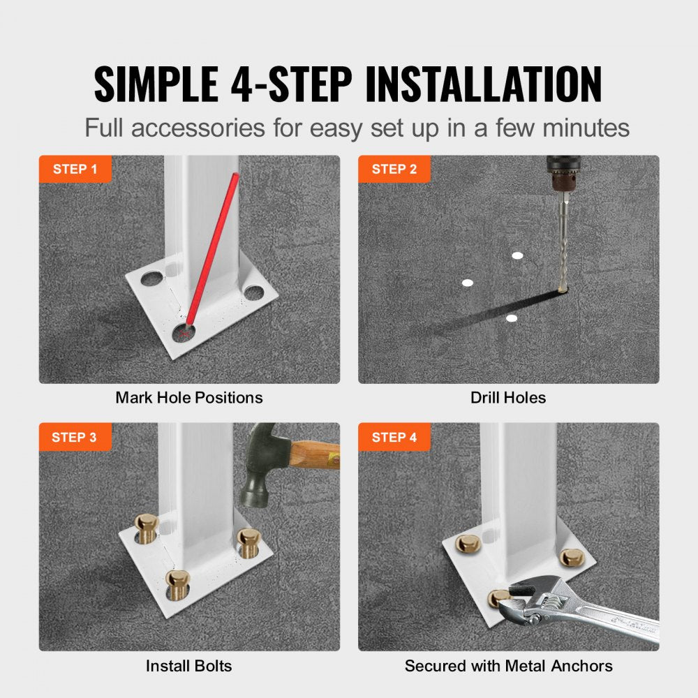Four-panel diagram showing simple 4-step installation of a white wrought iron handrail for outdoor steps.