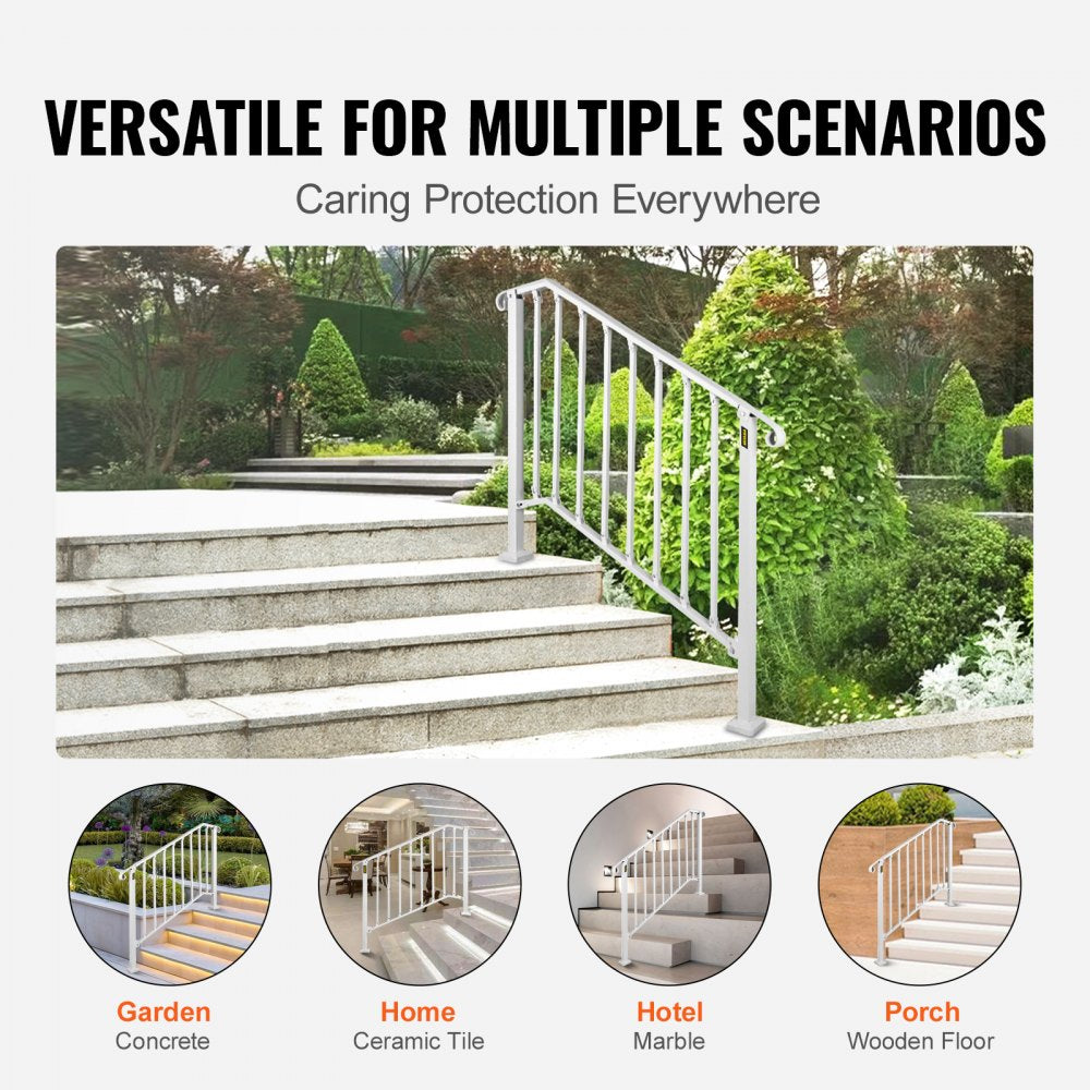 White wrought iron handrail installed on outdoor steps in garden, home, hotel, and porch settings.