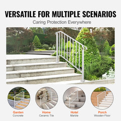 White wrought iron handrail installed on outdoor steps in garden, home, hotel, and porch settings.