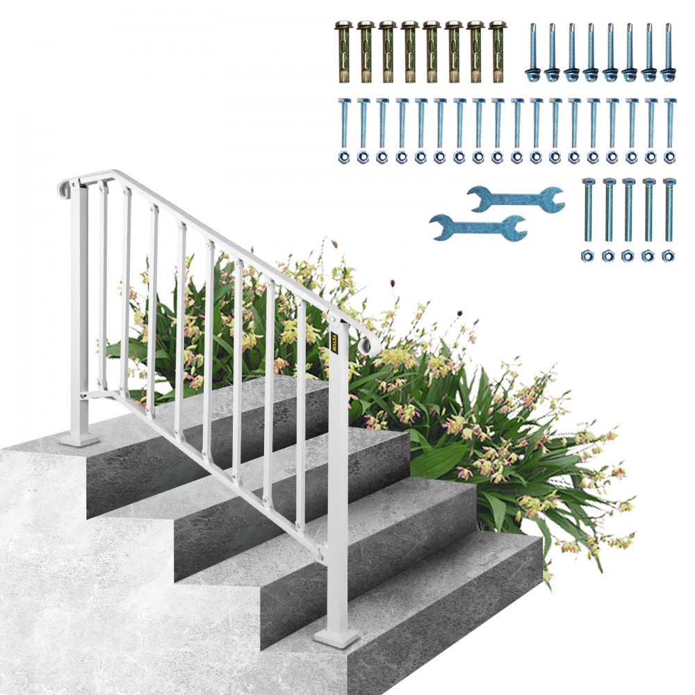 White wrought iron handrail installed on 3-4 outdoor concrete steps with plants, plus hardware.