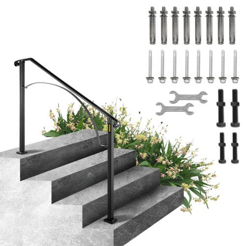 Black wrought iron handrail designed for 3-4 outdoor steps with an elegant arch shape.
