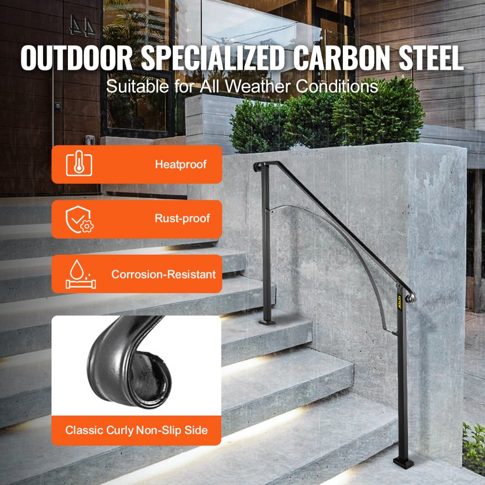 Black wrought iron handrail designed for 3-4 outdoor steps with an elegant arch design.
