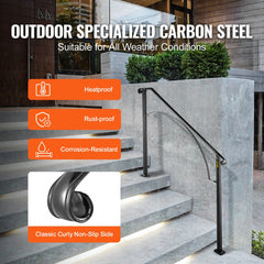 Black wrought iron handrail designed for 3-4 outdoor steps with an elegant arch design.