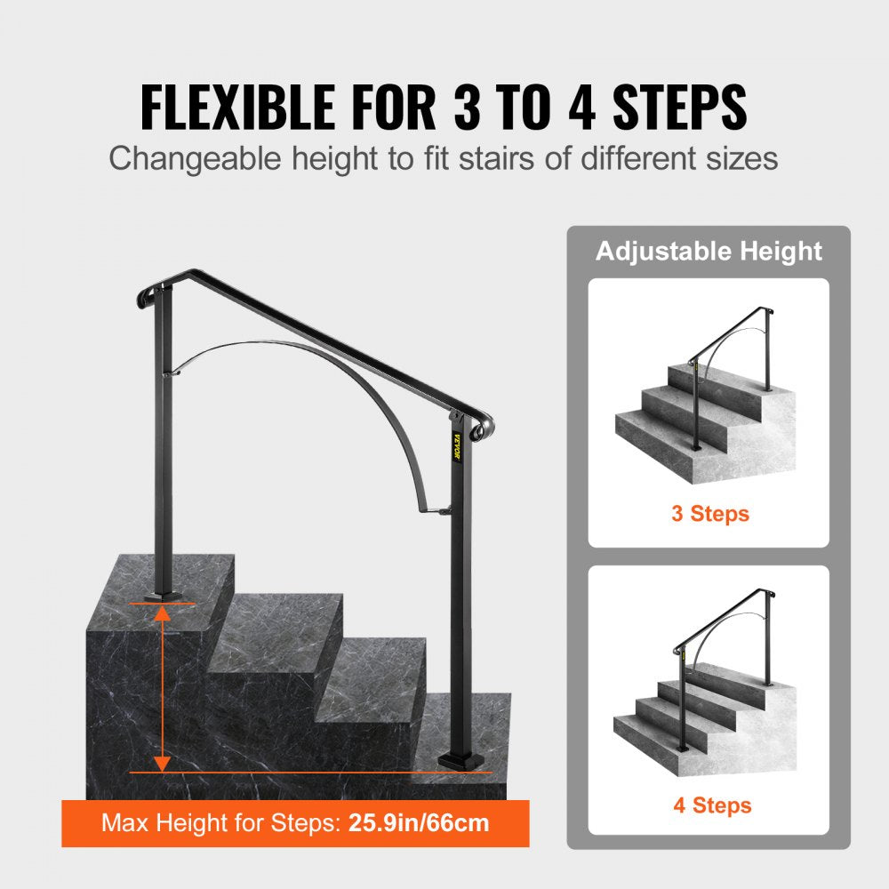 Black wrought iron handrail designed for 3-4 outdoor steps with an elegant arch design.