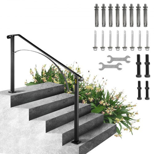 Black wrought iron handrail for 4-5 outdoor steps with an elegant arch design.