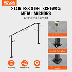 Black wrought iron handrail designed for 4-5 outdoor steps with an elegant arch design.