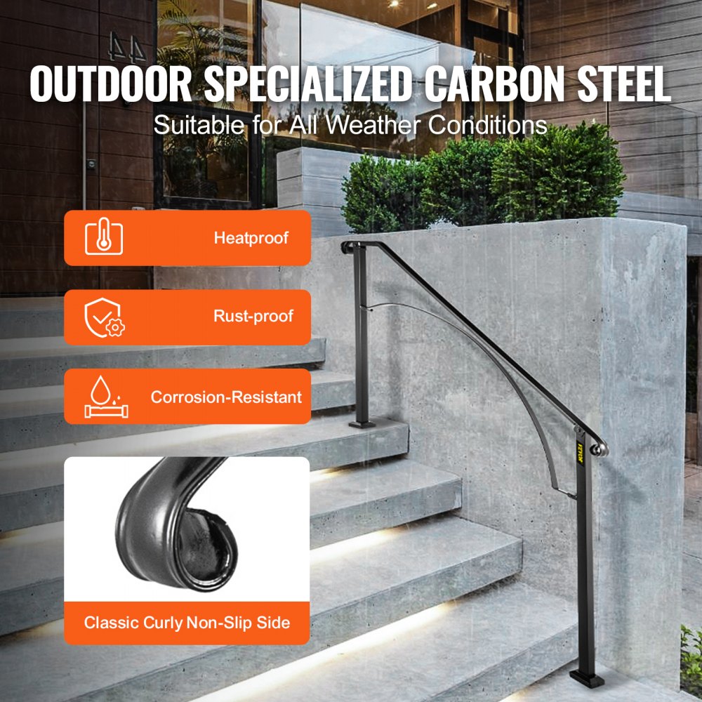 Black wrought iron handrail designed for 4-5 outdoor steps with an elegant arch design.