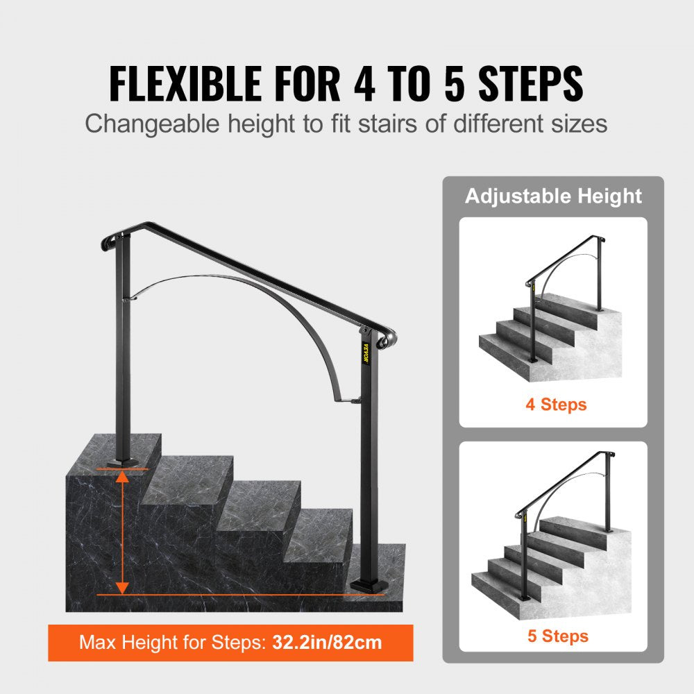 Black wrought iron handrail designed for 4-5 outdoor steps with an elegant arch design.