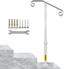 Bostome white wrought iron single post handrail for 1-2 steps with curled design and sturdy support.