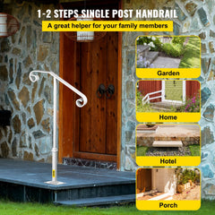 White wrought iron single post handrail designed for 1-2 steps with a curled decorative design.