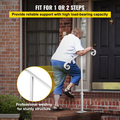 White wrought iron single post handrail for 1-2 steps with a curled design and durable finish.
