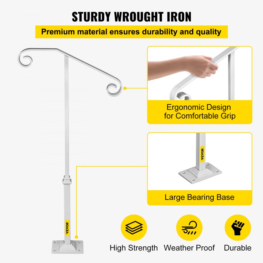 Bostome white wrought iron single post handrail designed for 1-2 steps with a curled design.