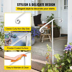 White wrought iron single post handrail designed for 1-2 steps with a curled decorative design.