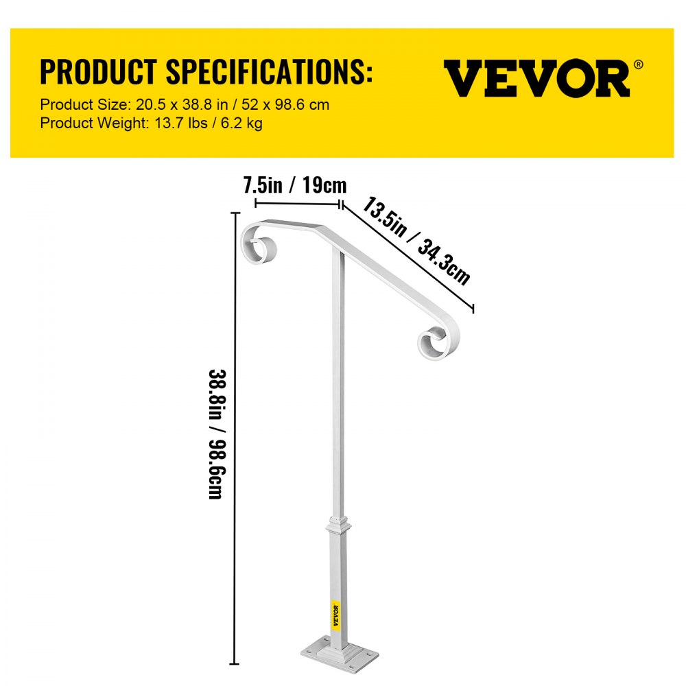 White wrought iron single post handrail designed for 1-2 steps with a curled design.