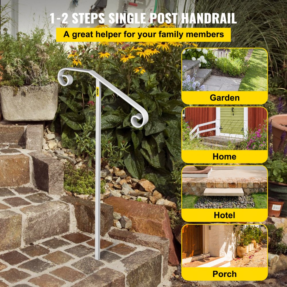 Wrought iron single post handrail for 1-2 steps, 58 inches tall with a curled design.